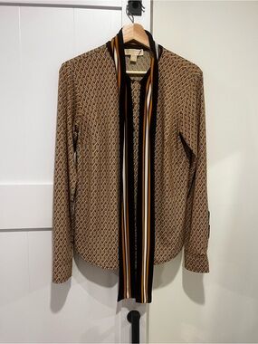 Michael Kors Patterned Tie-Neck Blouse in Brown, black & yellow